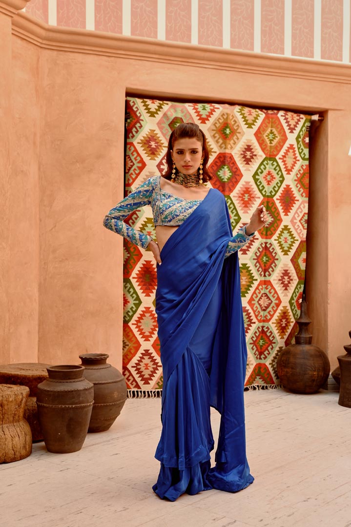 Image of Cobalt blue drape saree with 'PRINCESS' blouse