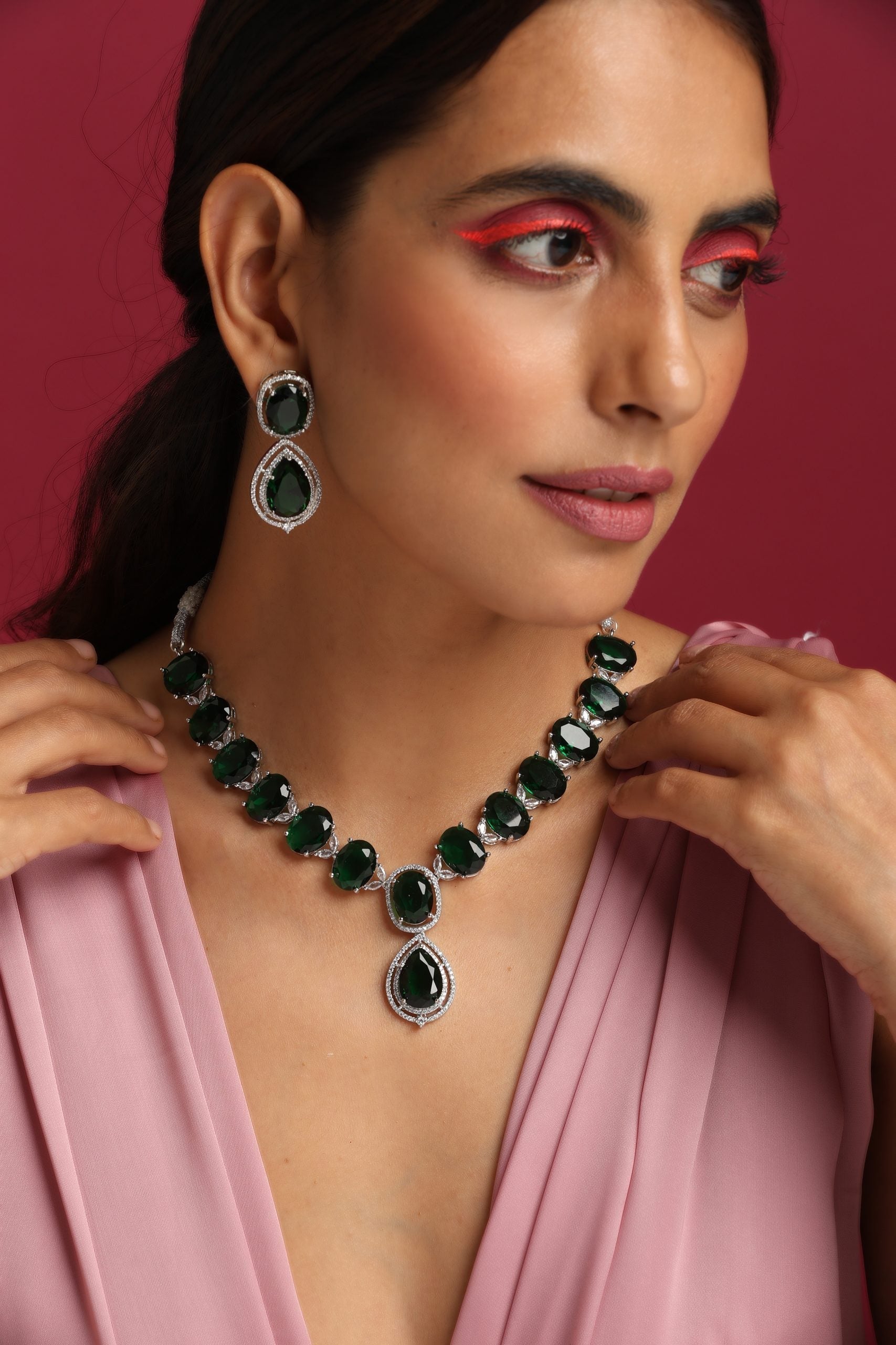 Emerald Silver Tone Zirconia Necklace Set