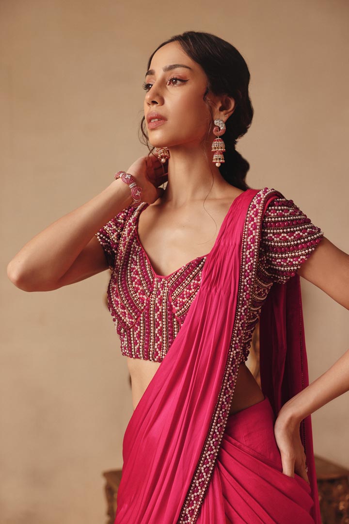 Pink Drape Hand Embroidery Saree