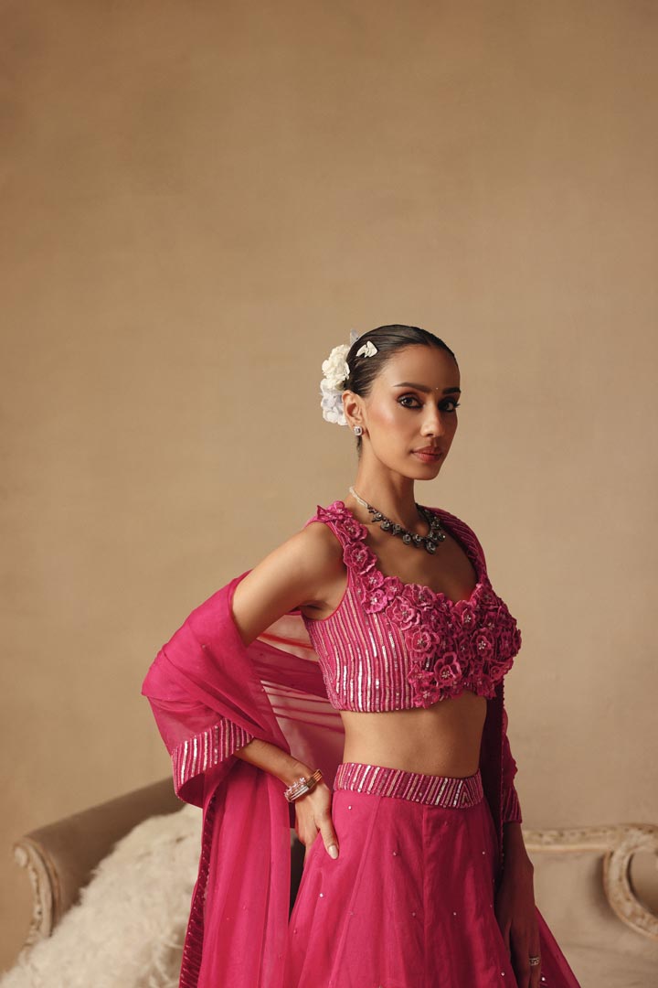 Hand Embroidered Elegant Pink 3D Flowers Lehenga Set
