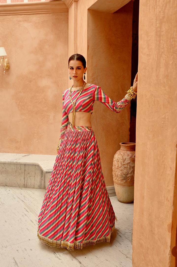 Image of Hot pink indi-leheriya blouse with tassel lehenga and dupatta set