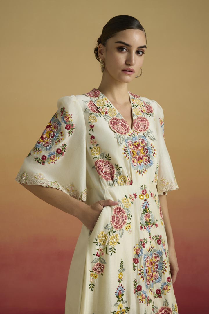 IVORY FLORAL THREADWORK SHIRT DRESS