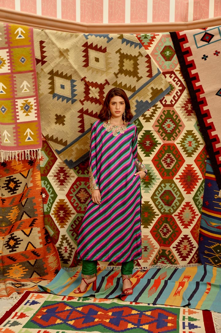 Image of Multi-colour indi-leheriya straight kurta, pants and dupatta set