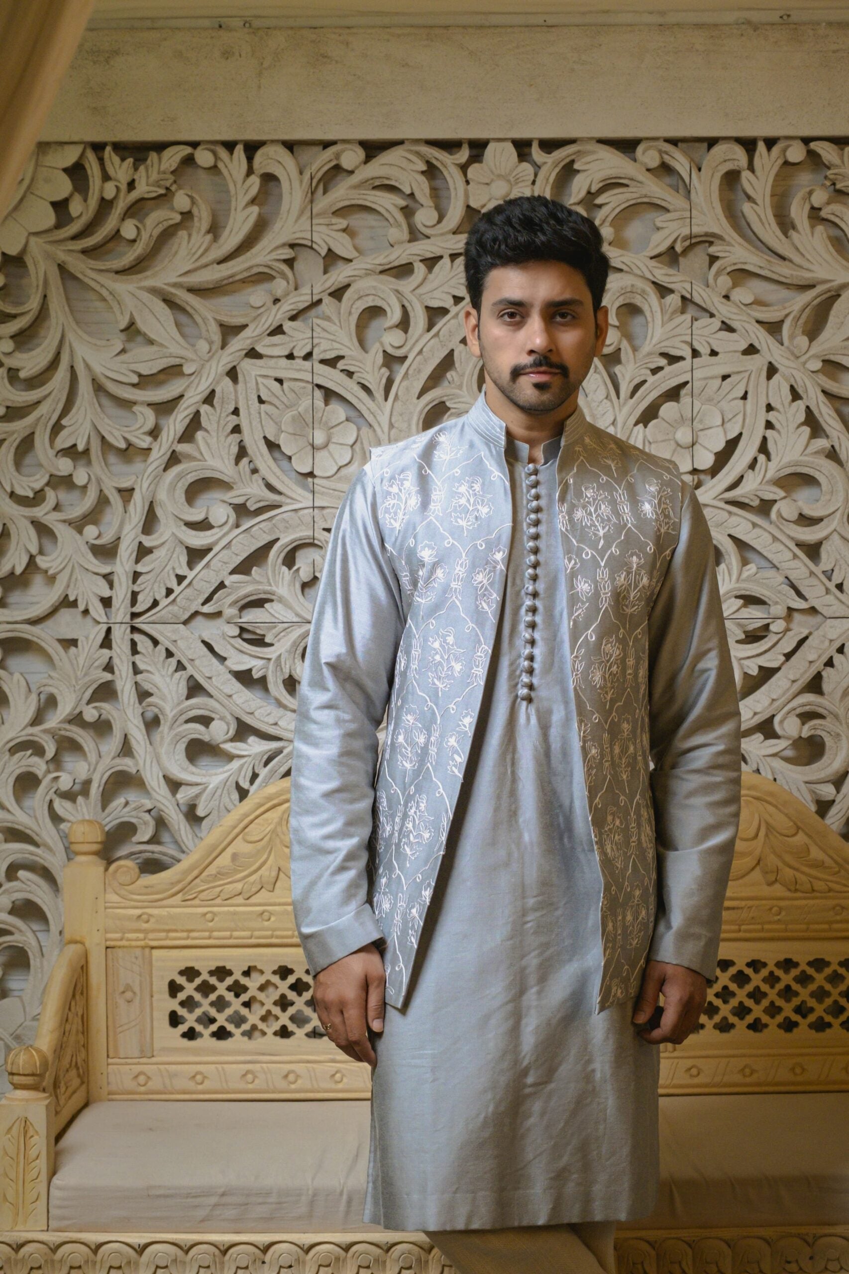 Steel grey kurta with nehru jacket