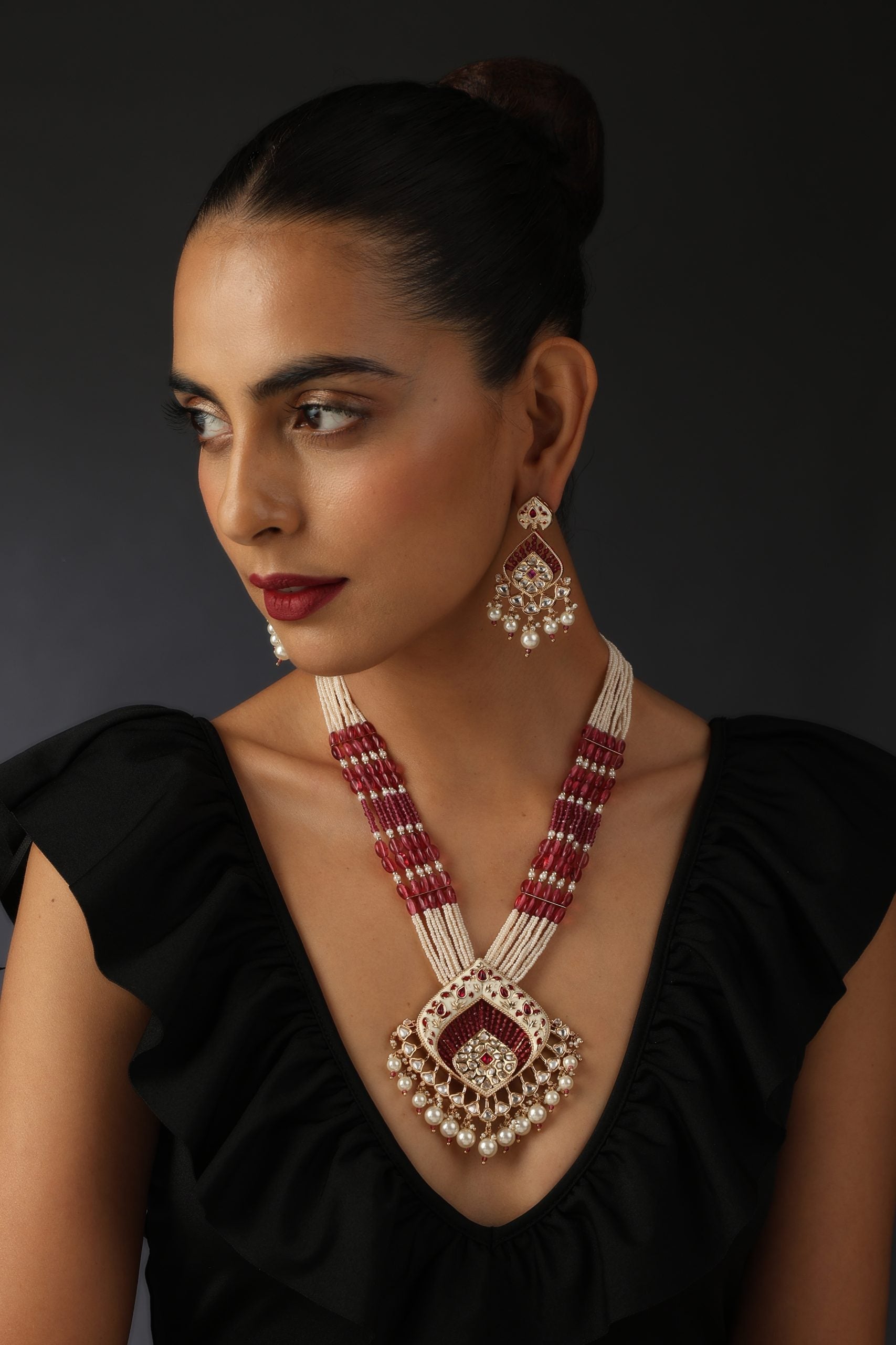 Red Gold Tone Long Necklace Set