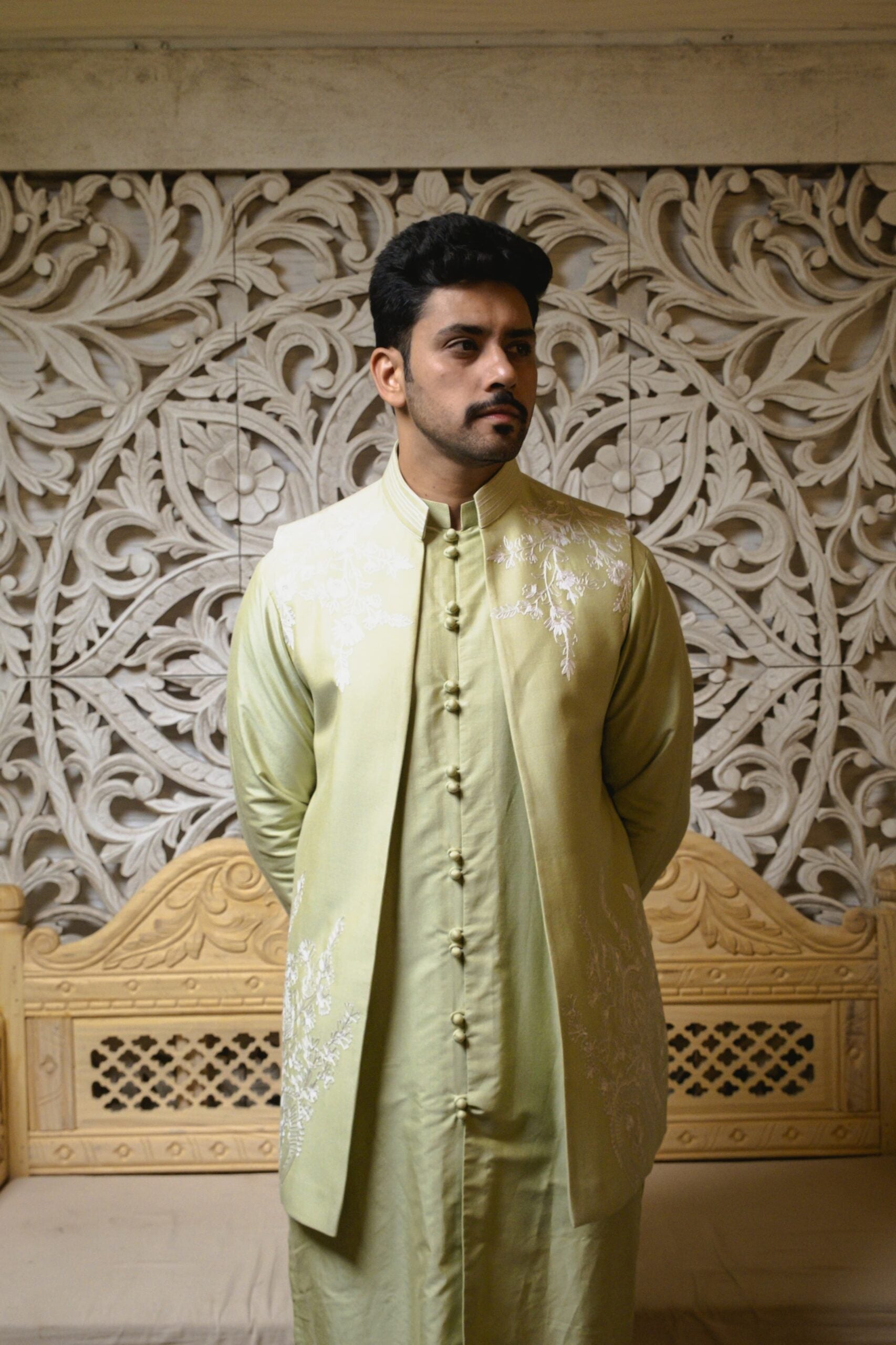 Mint green kurta with nehru jacket