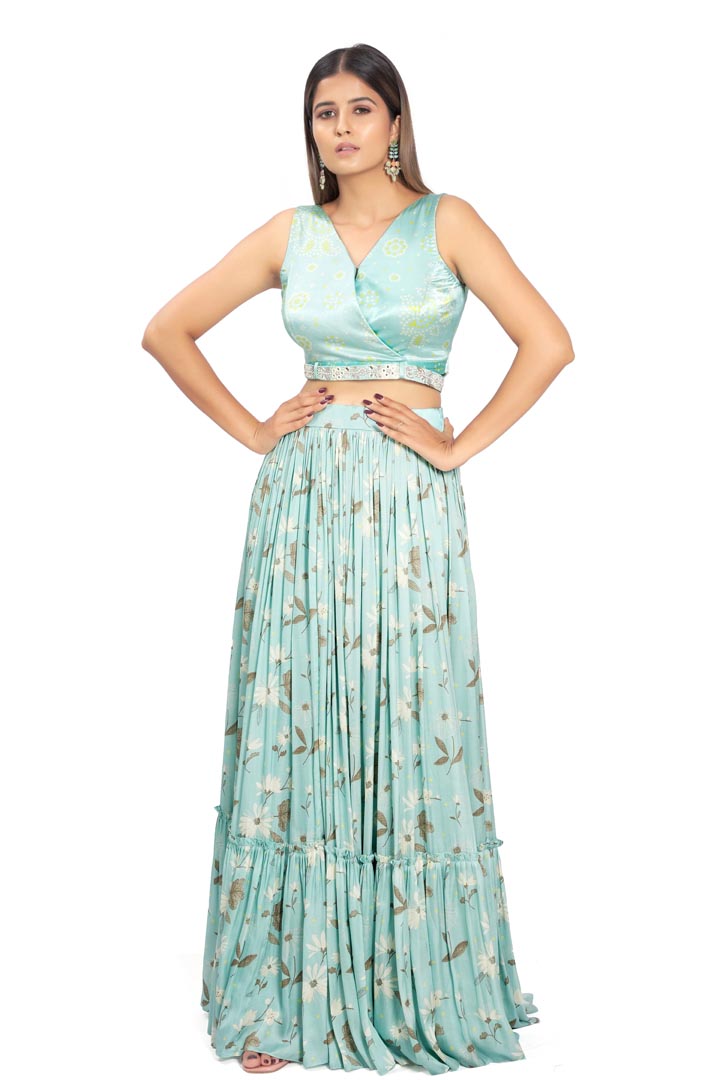 Turquoise Viscose & Satin Printed Skirt Set