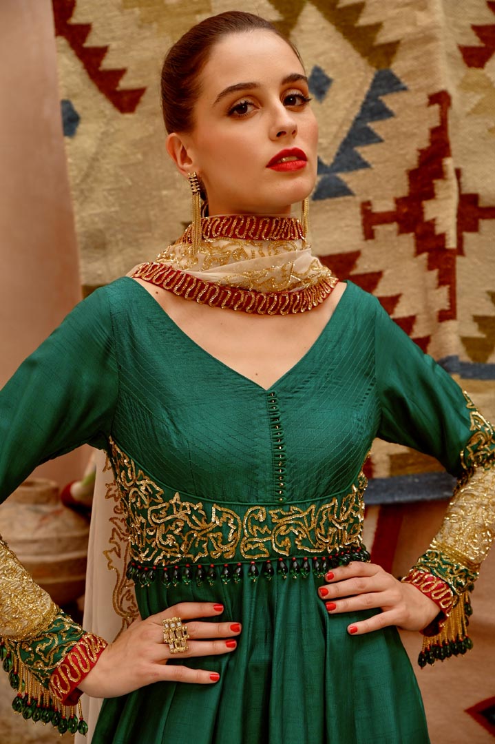 Image of Emerald Green anarkali, pants and dupatta set