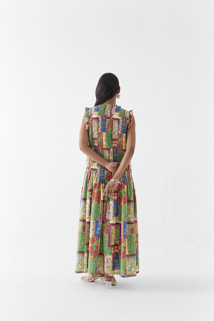 Johari Ruching Cotton Dress - Patchwork Print Summer Maxi Dress