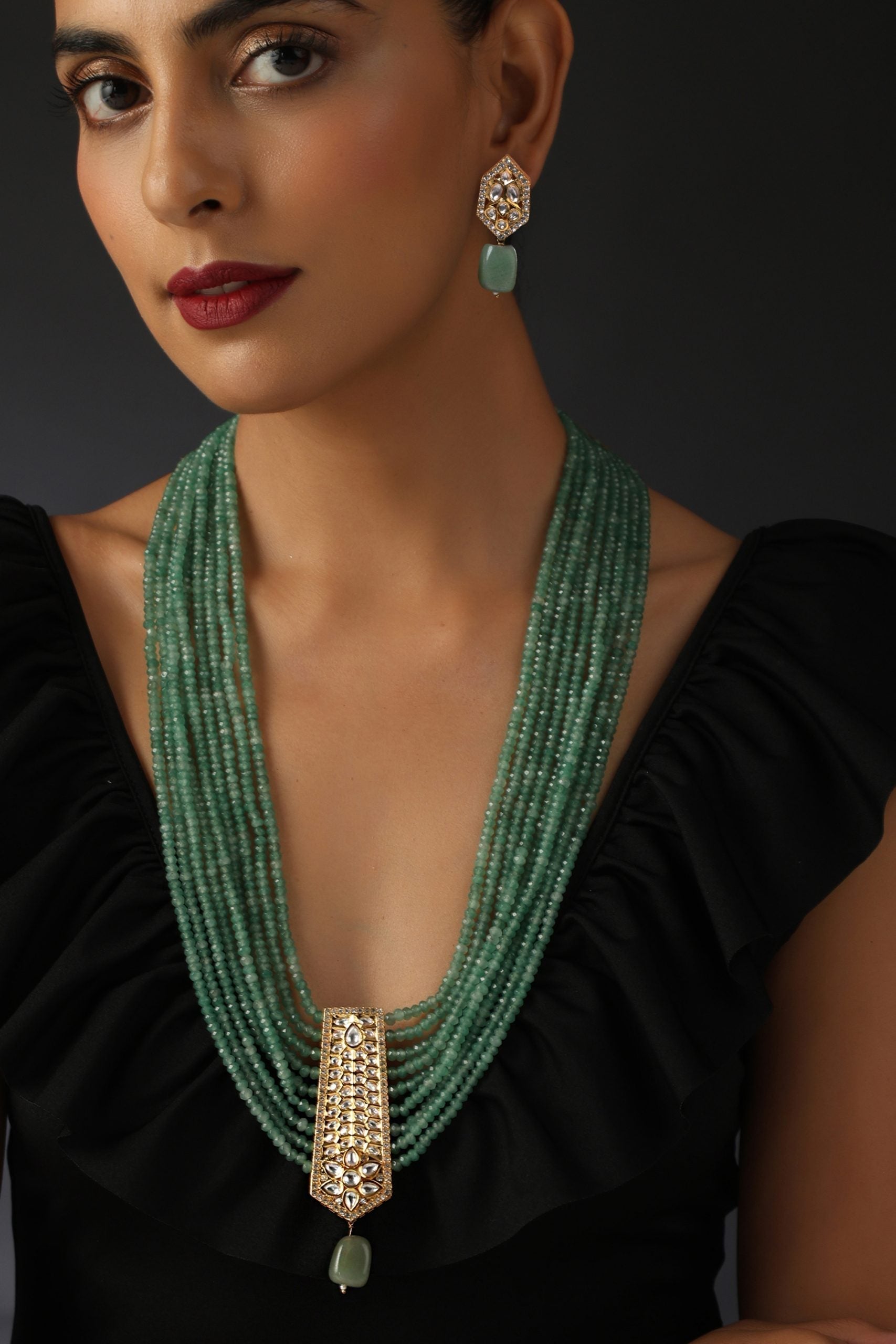 Green Gold Tone Long layered Necklace Set