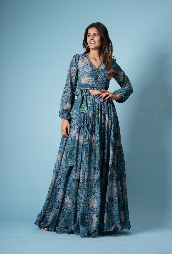 Blue Georgette Printed Skirt Set