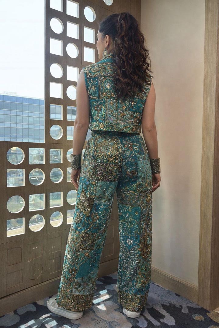 Aqua Embellished Sleeveless Jacket Set