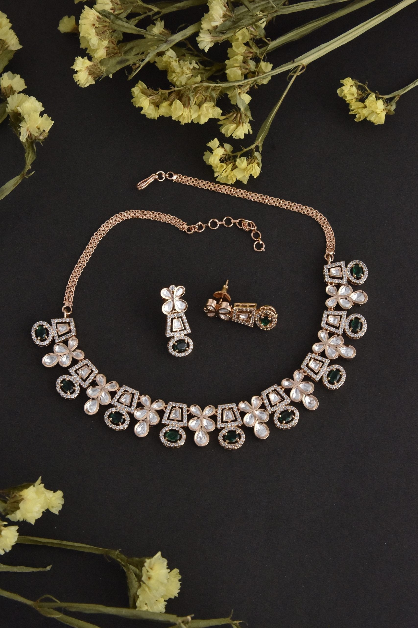 Green Rose Gold Tone Polki Necklace Set