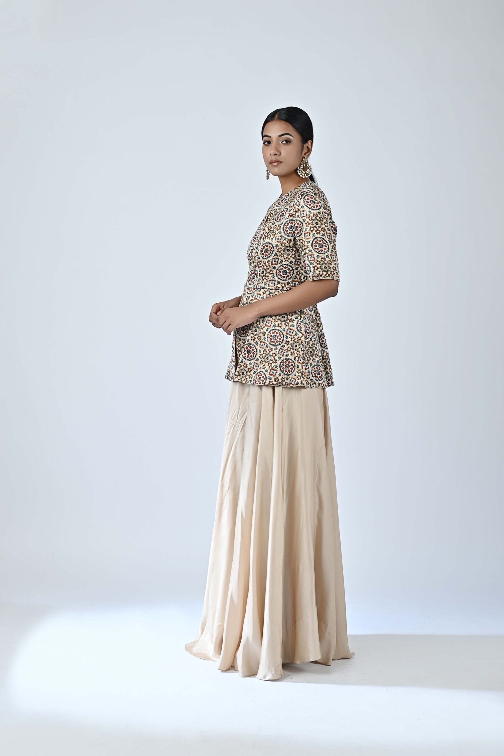 Ajrakh embroidered peplum top with flare pants