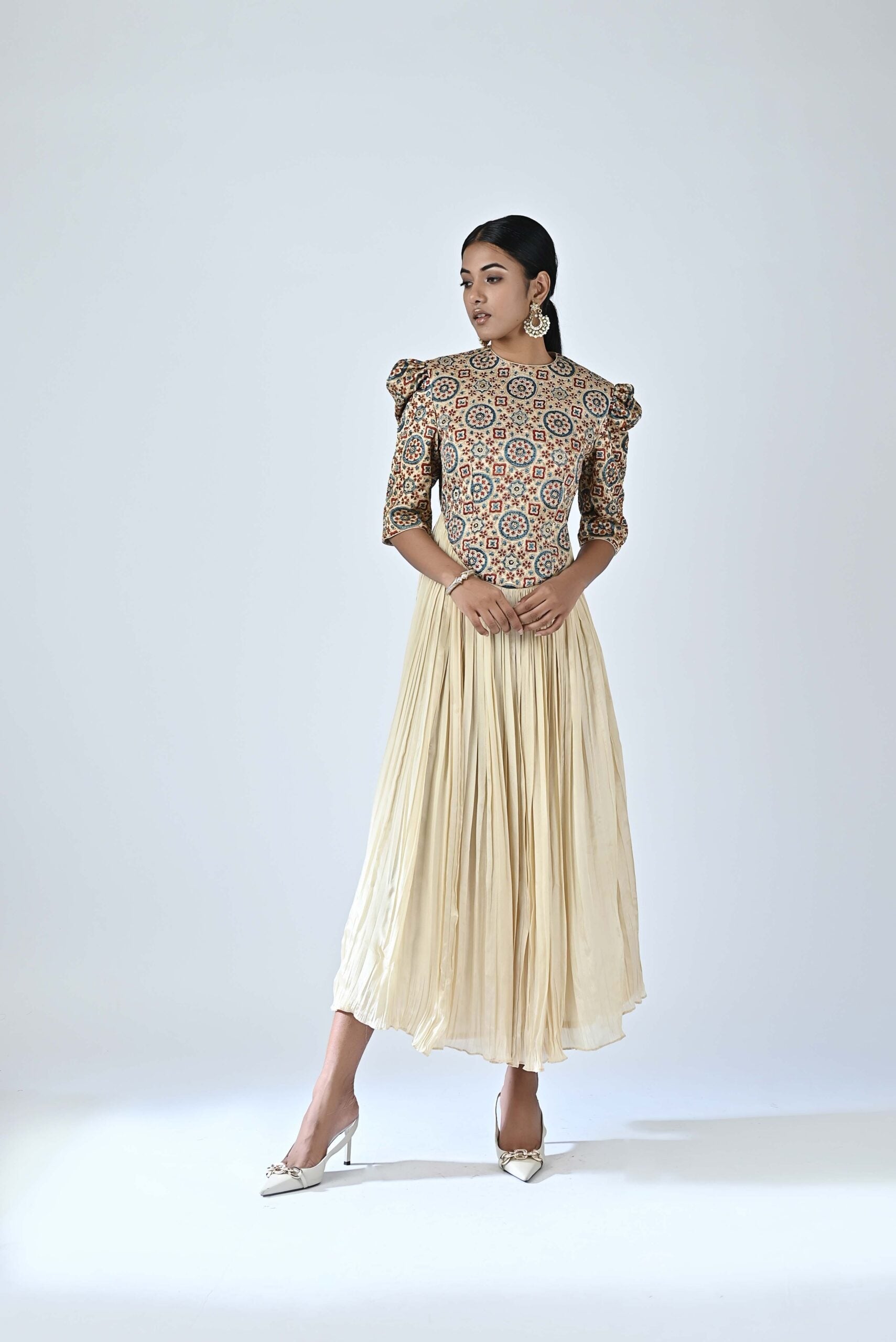 Ajrakh embellished gathered dress