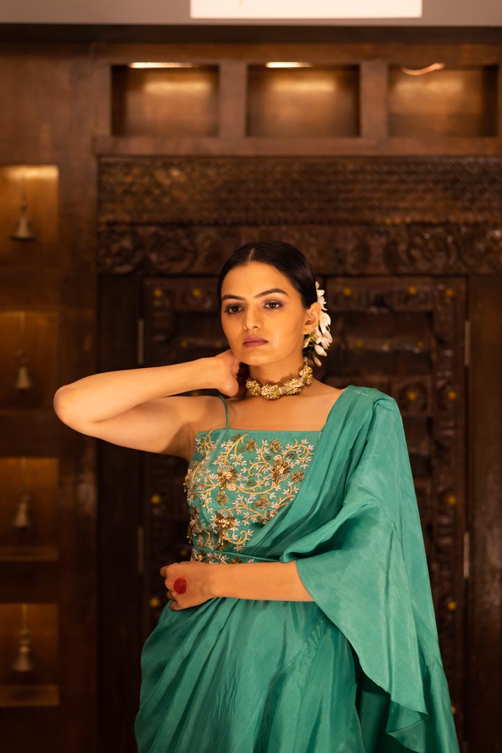 Emerald Green Embroidered Draped Sharara Saree Set