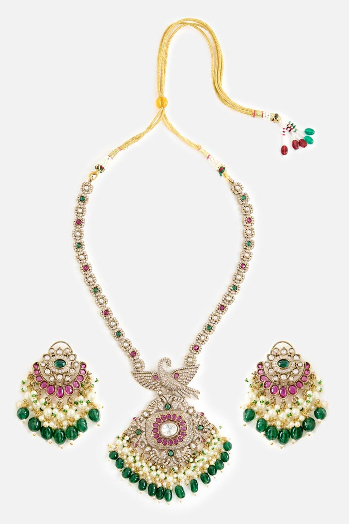 Gold-Plated Green & White Stone Long Necklace Set