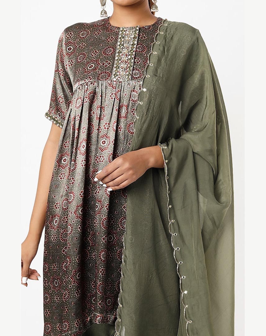 Olive Green Printed Kurta Set