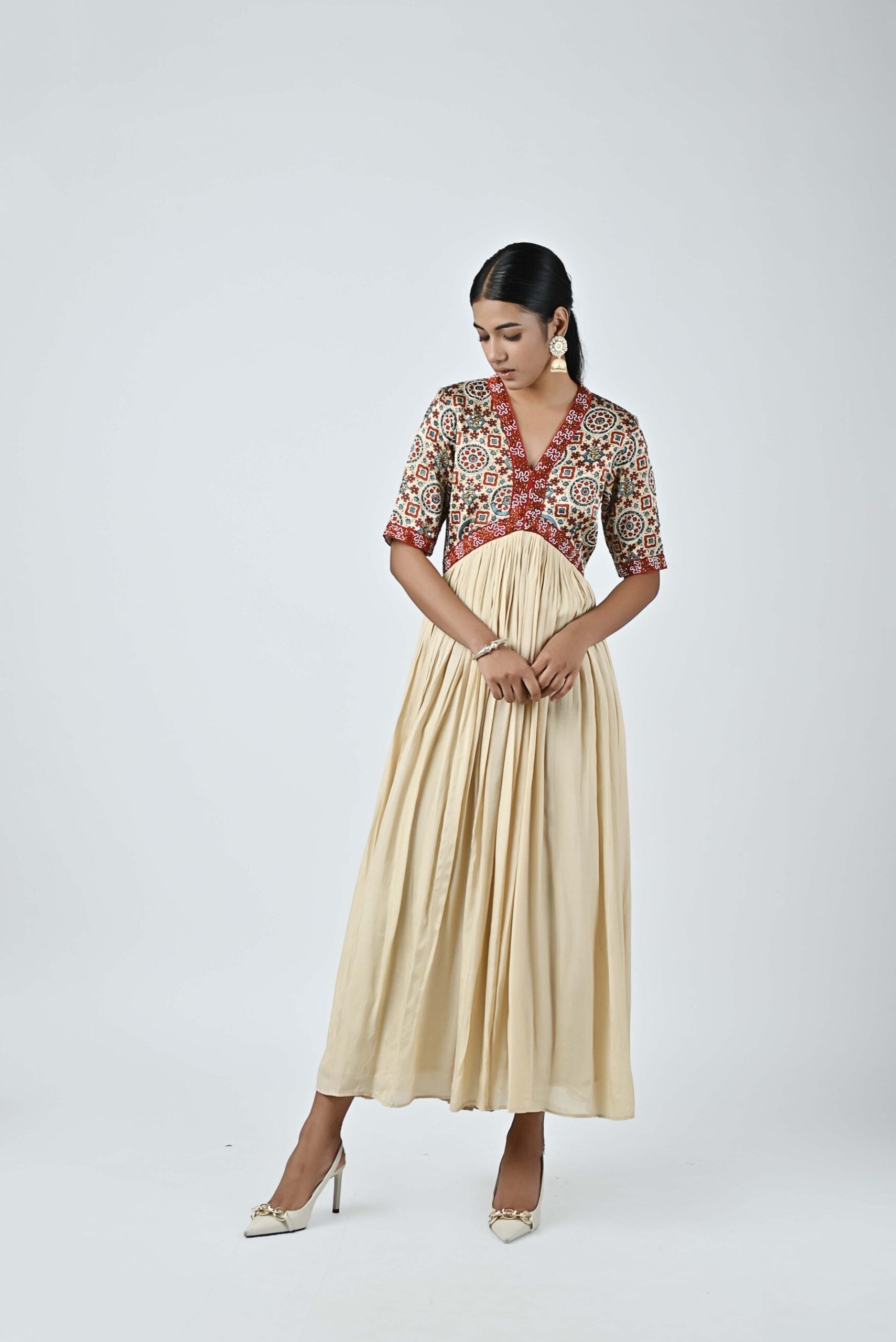 Ajrakh embellished v neck gathered dress