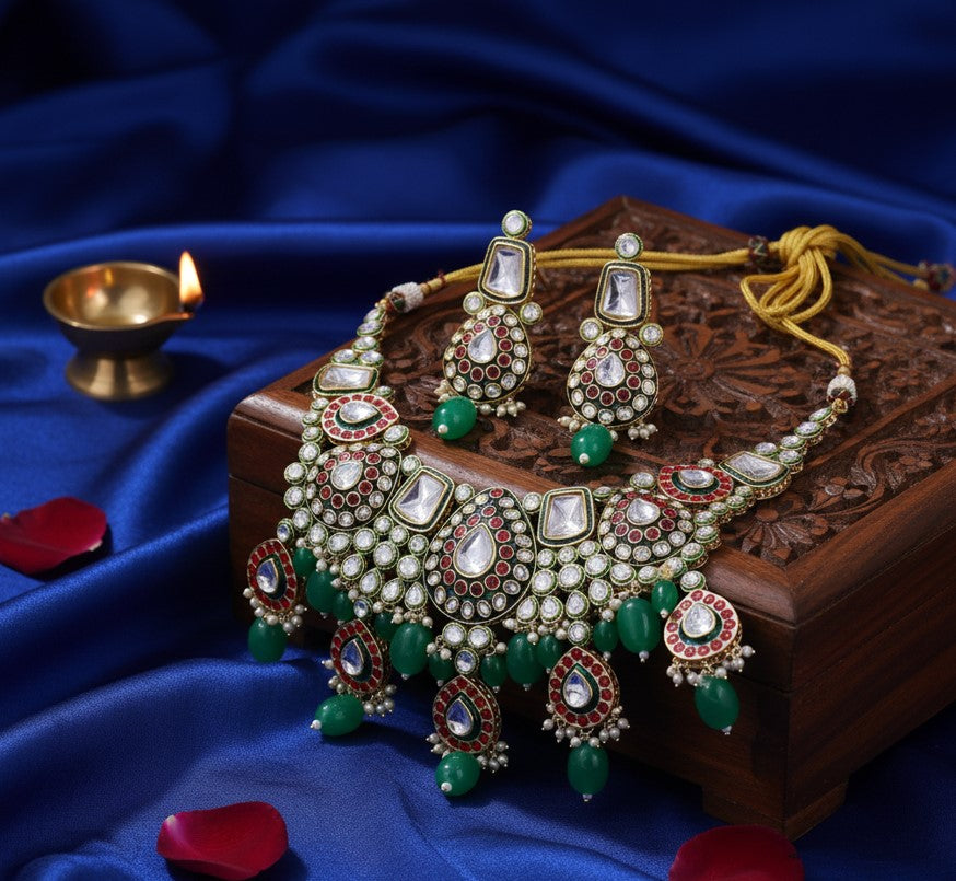 Rajwada Green Polki-Meena Necklace Set