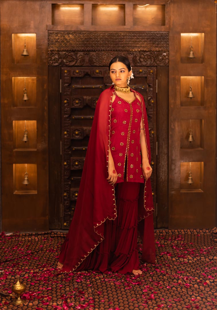 Maroon Georgette Sharara Set