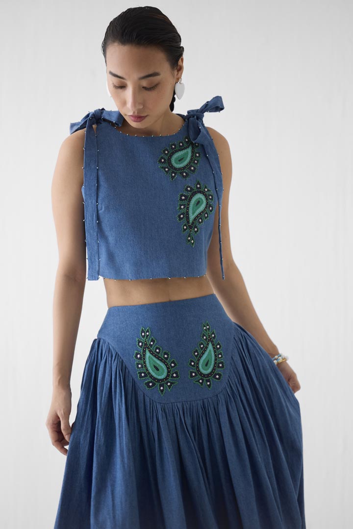 Indigo Embroidered Denim Crop Top & Gathered Skirt Co-ord Set