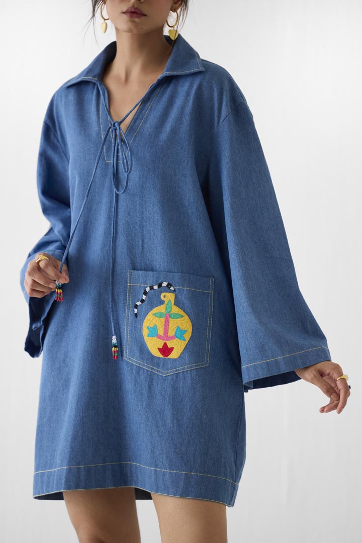 Indigo Short Dress in Faded Cotton Denim with Patchwork Detail