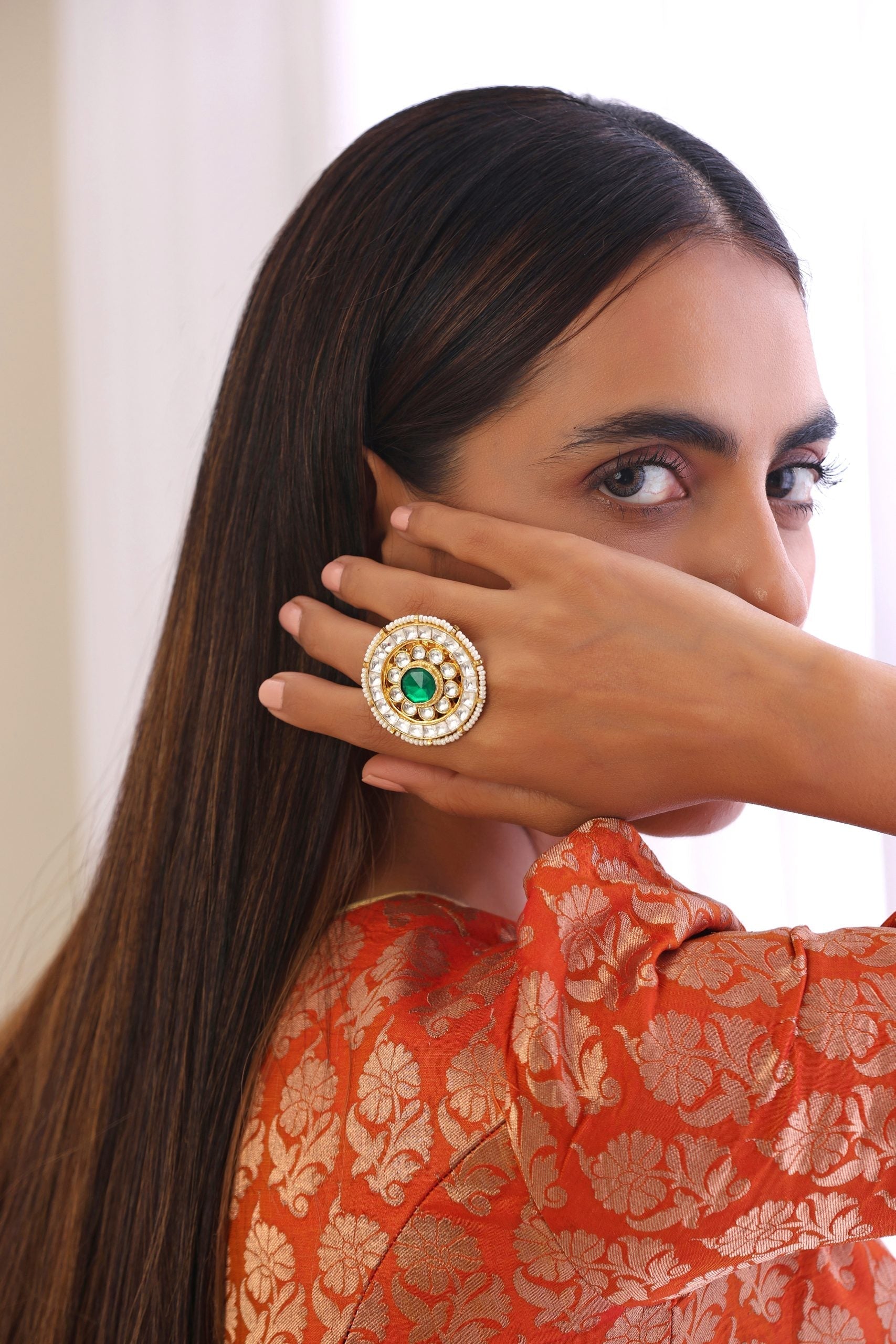 Green Gold Tone Kundan Ring