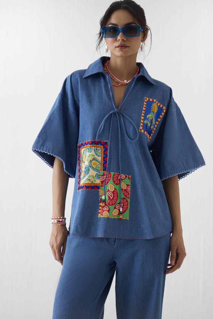 Indigo Patchwork Denim Co-ord Set: Luxury Hand-Embroidered Outfit