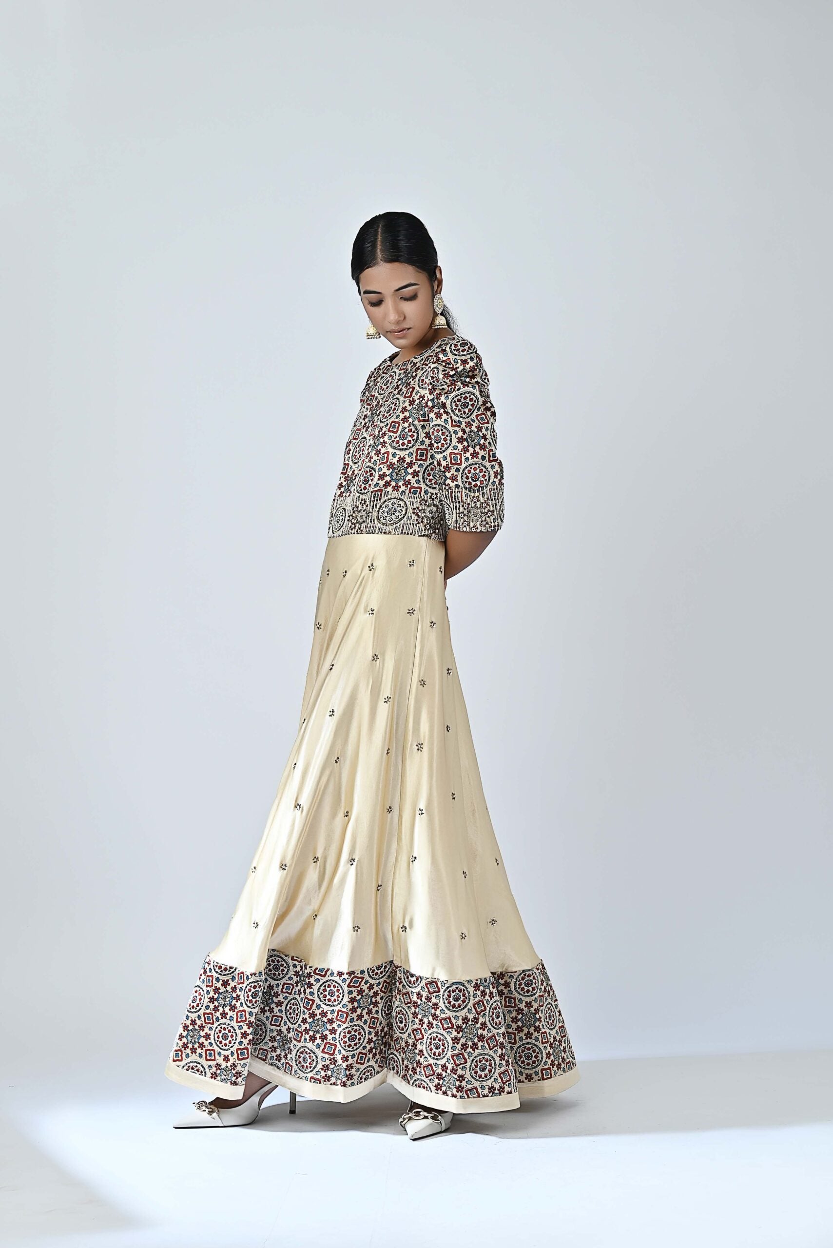 Ajrakh embroidered puffed sleeve anarkali