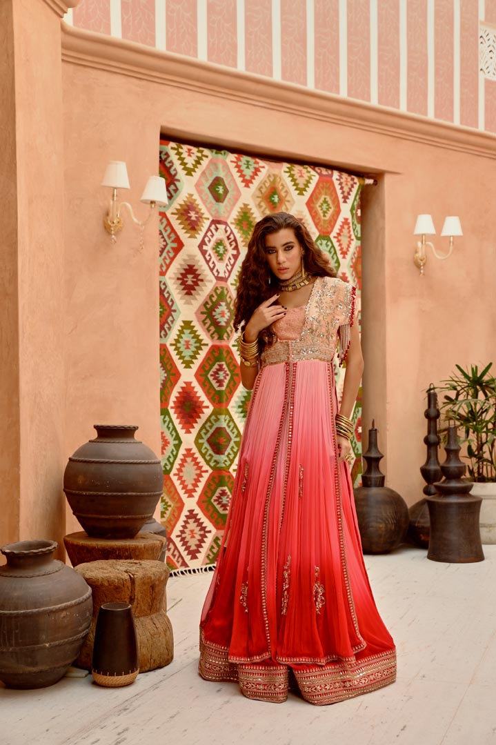 Image of Aleah coral ombre set with longline jacket with crop inner and ruched lehenga.