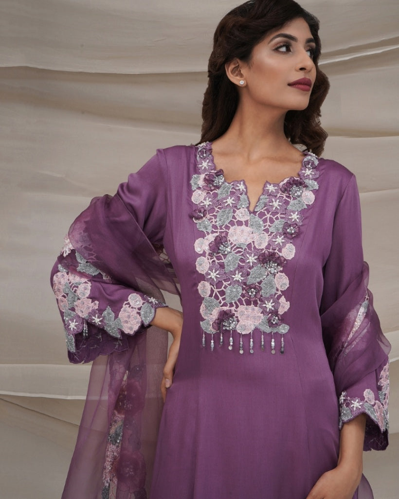 Lavender hand embroidered kurta set
