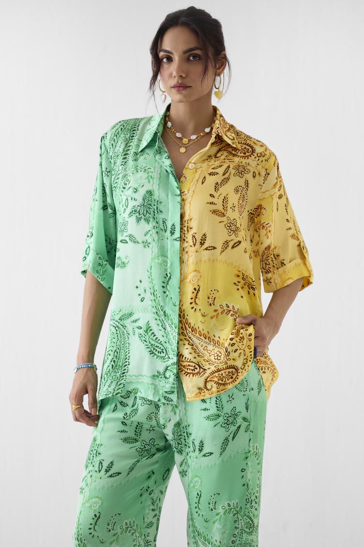 Buta Half and Half Shirt & Trousers Vegan Silk Co-ord Set in Green