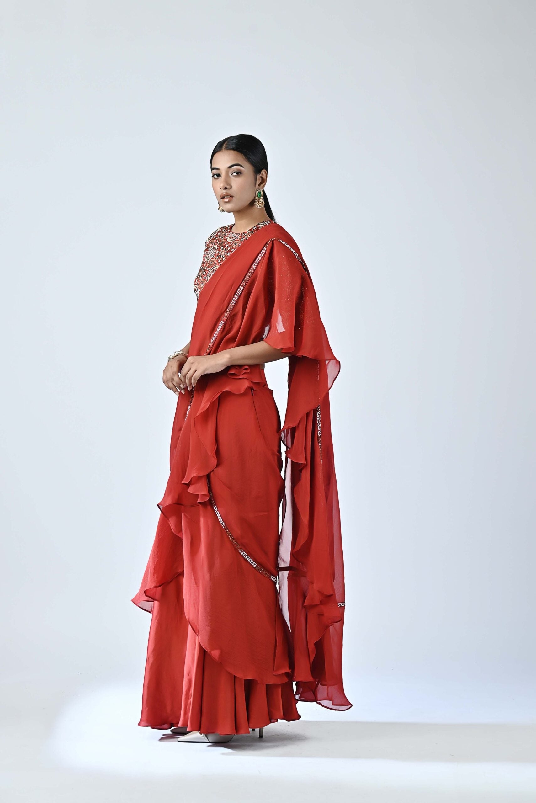 Ajrakh embroidered ruffle saree