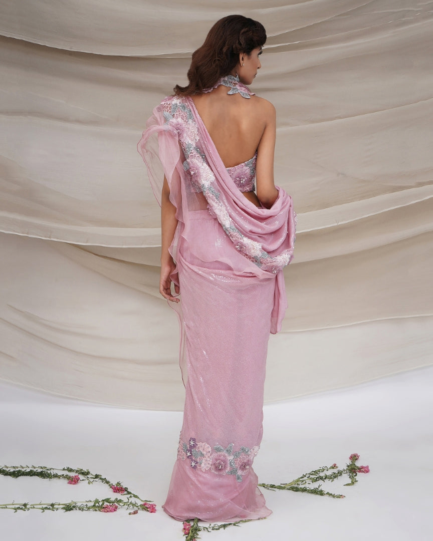 Pink Floral Sequin Sari