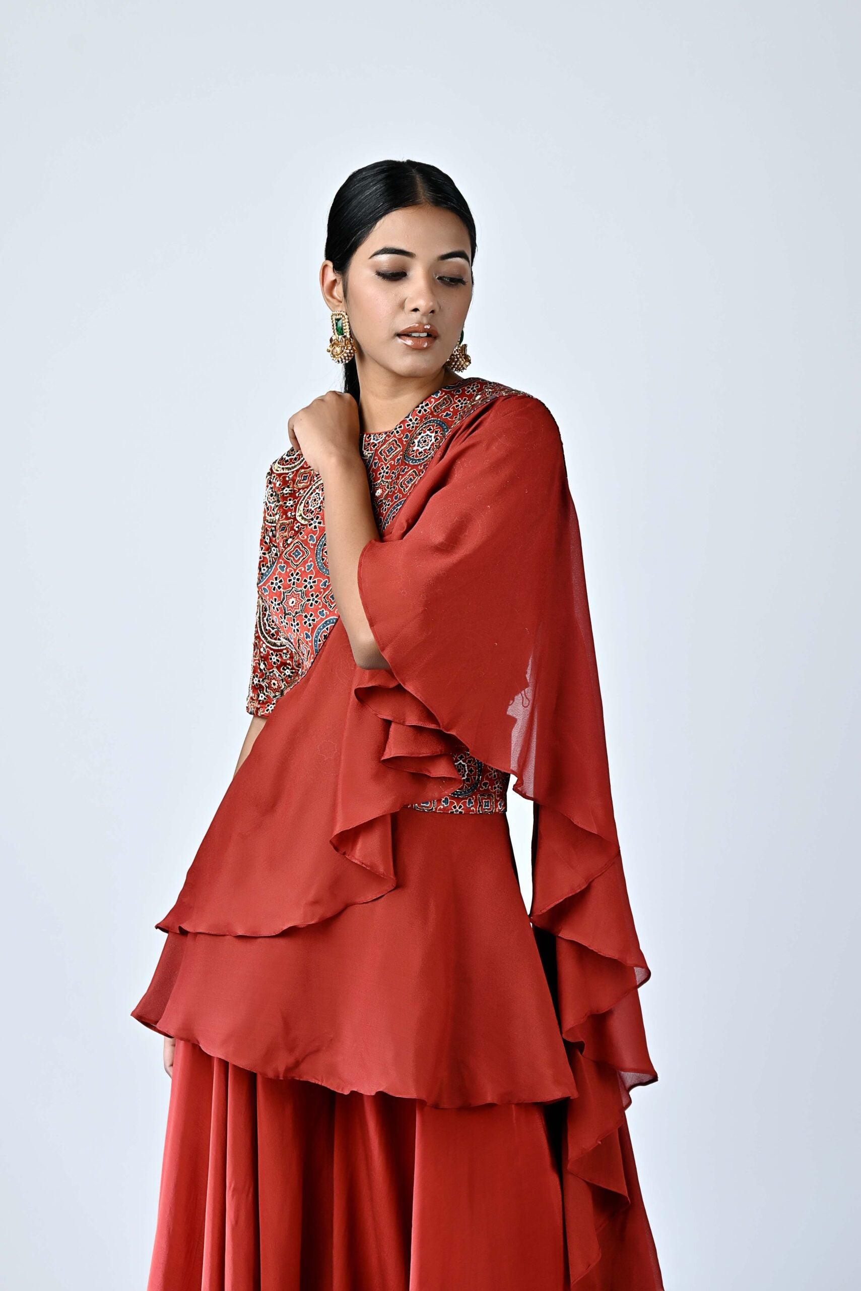 Red ajrakh embellished blouse dupatta set