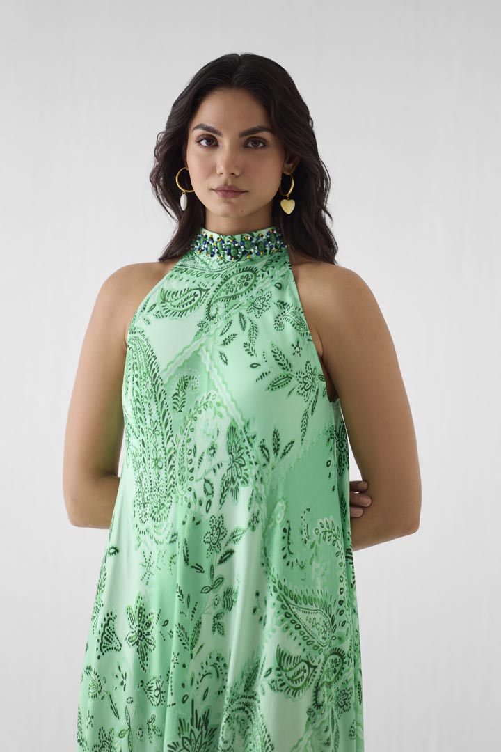 Buta Print Vegan Silk Halter Maxi Dress - Jaipur Heritage Inspired