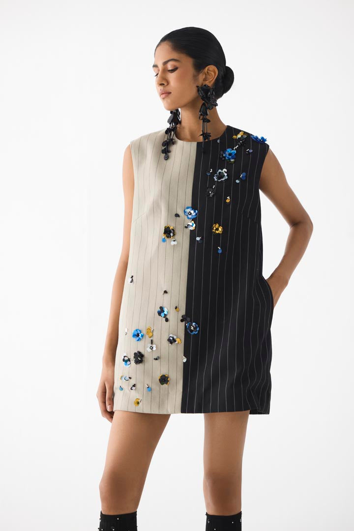 Buds Half & Half Striped Suiting Dress - Mini Shift Evening Wear