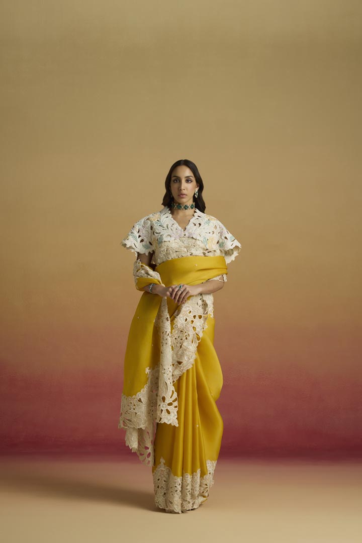 YELLOW CONTRAST CUTWORK SAREE