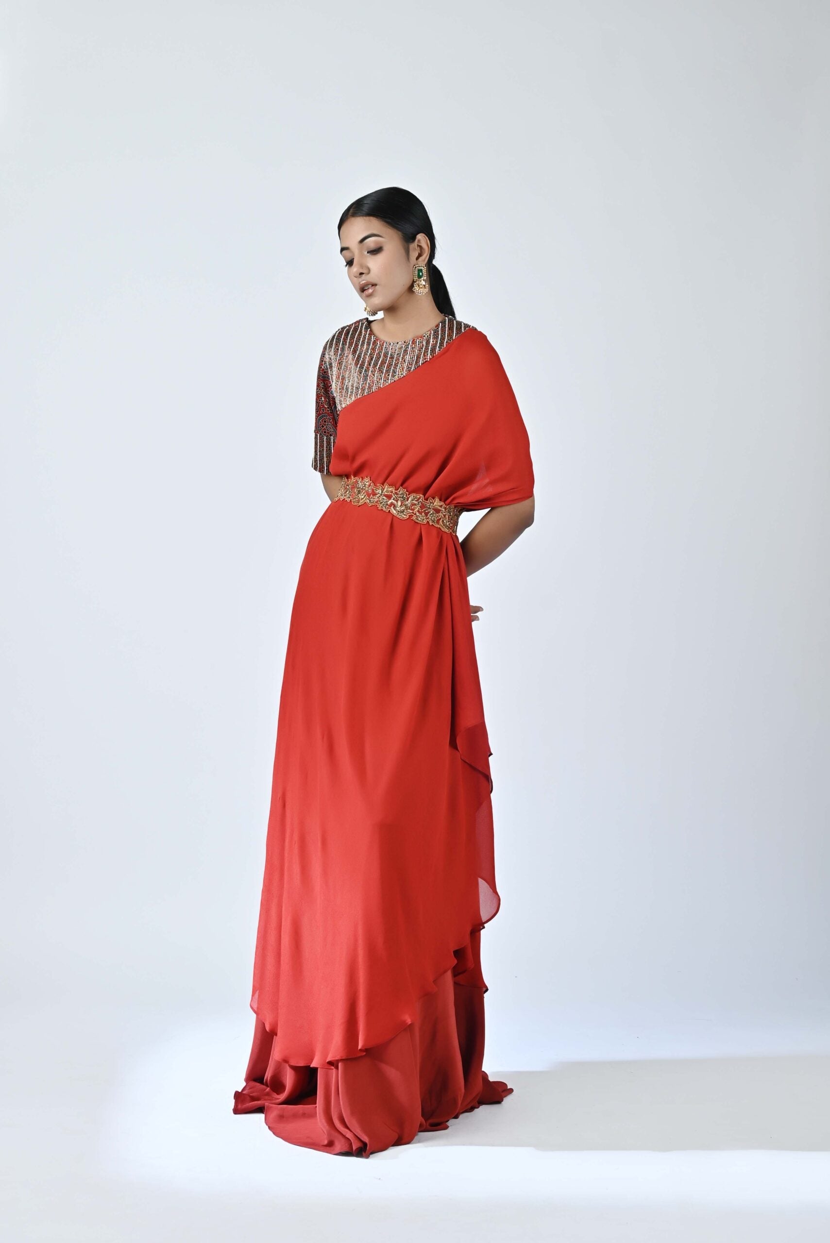 Red ajrakh embellished one sleeve laftan with flare pants