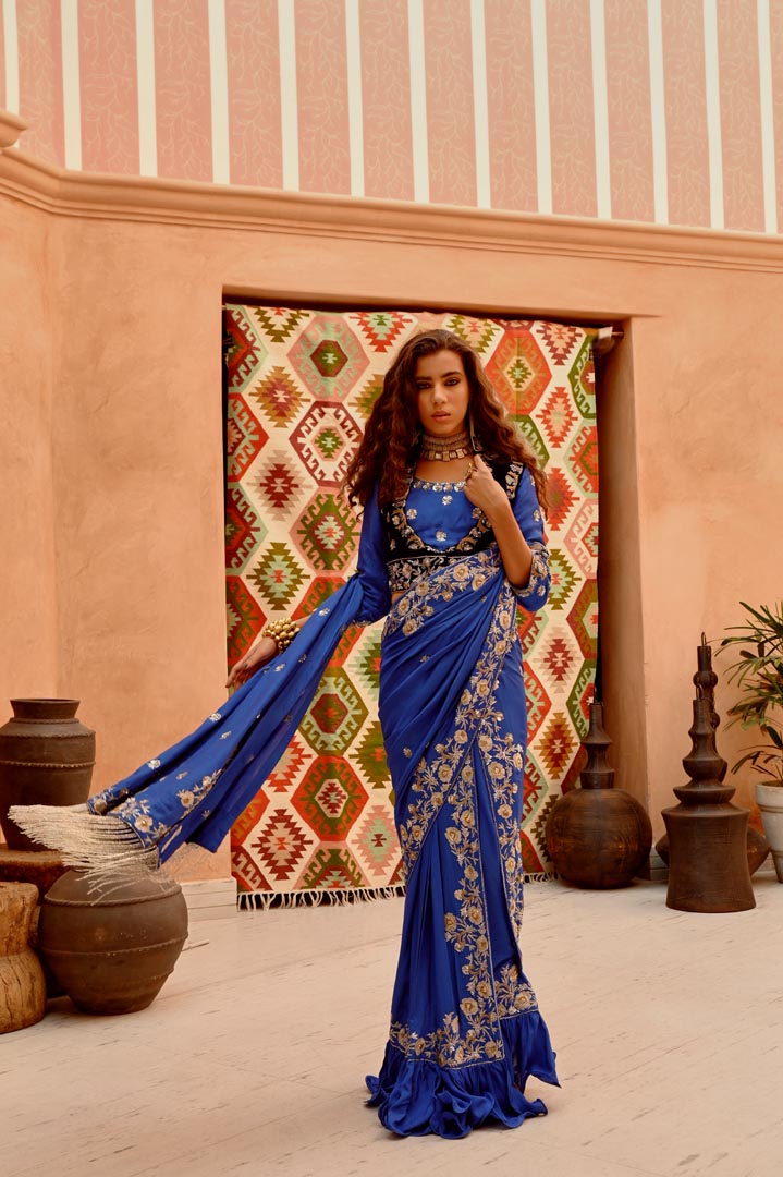 Image of Eclectic Blue vintage concept saree.