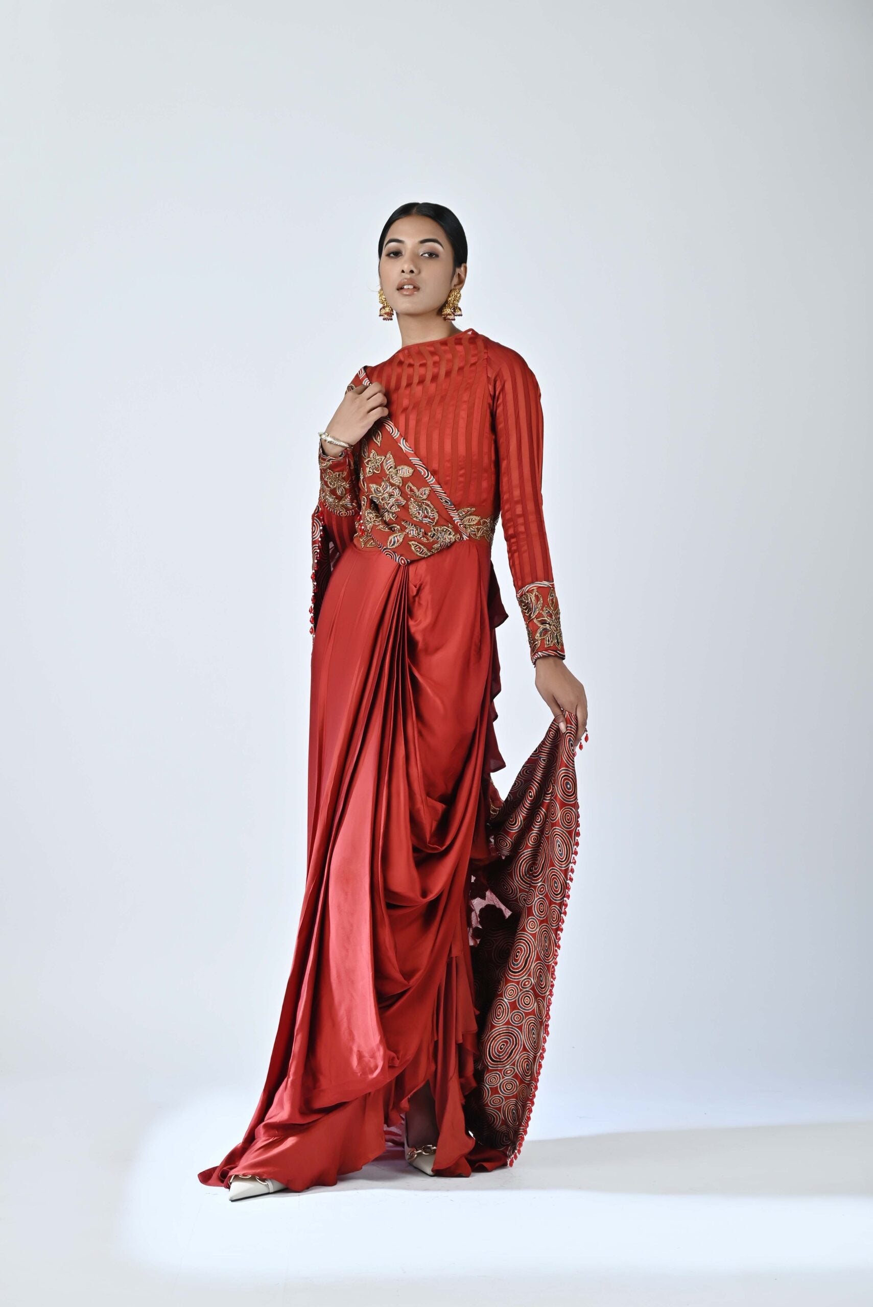 Red ajrakh patchworked gown saree