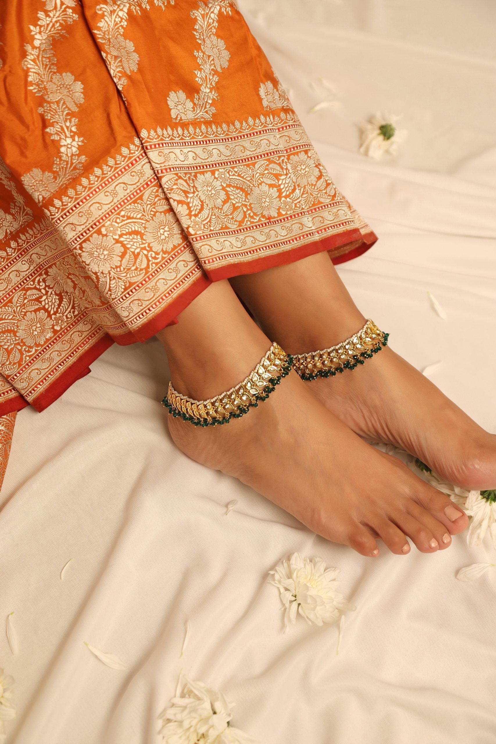 Green Silver Tone Polki Anklets