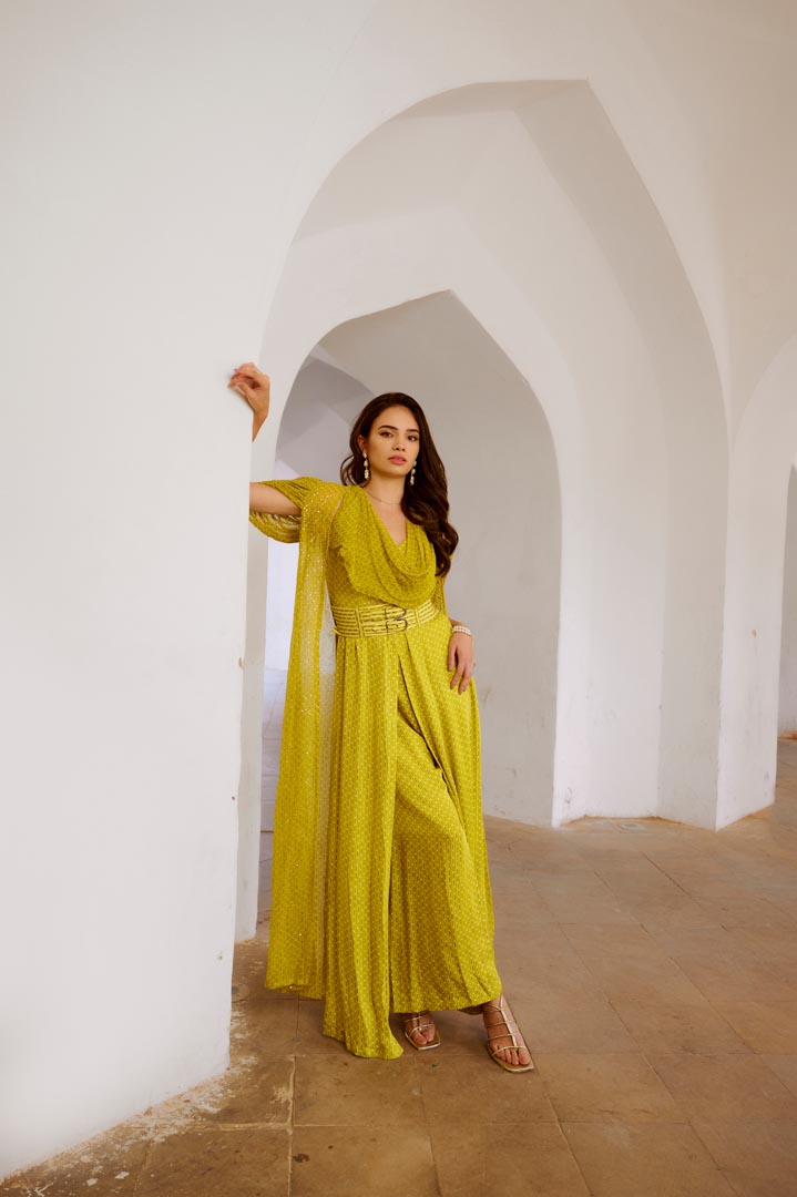 Image of Gulbahar Lemon Green Cowl Jumpsuit with chiffon Jacket & belt set.