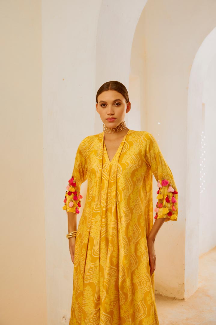 Image of Gulbahar Marigold Yellow  tassel tunic pant set