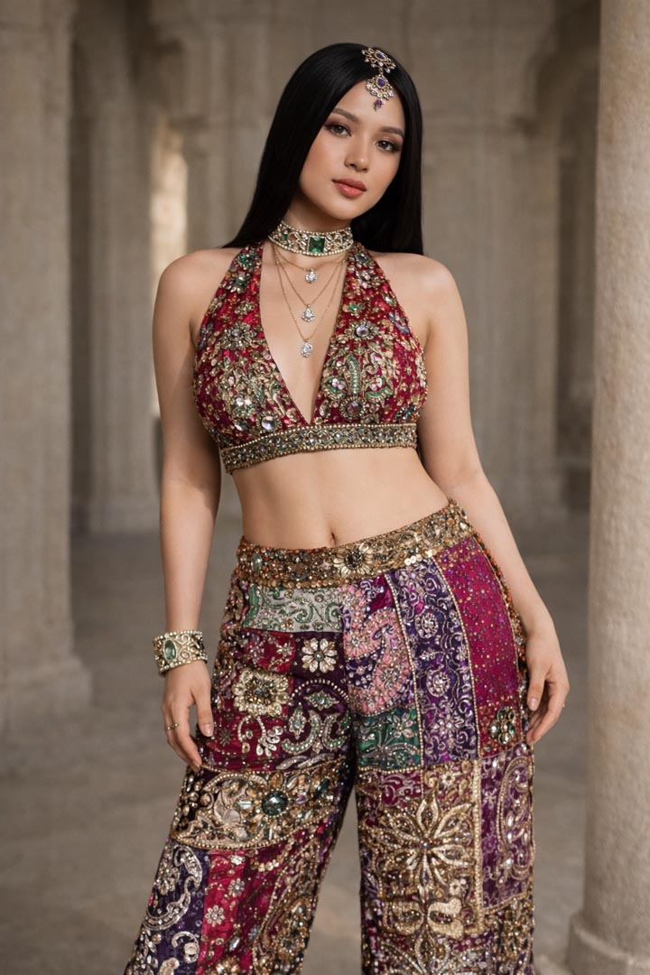 Imperial Hand-Embellished Patchwork Pant and Bikini Top Set