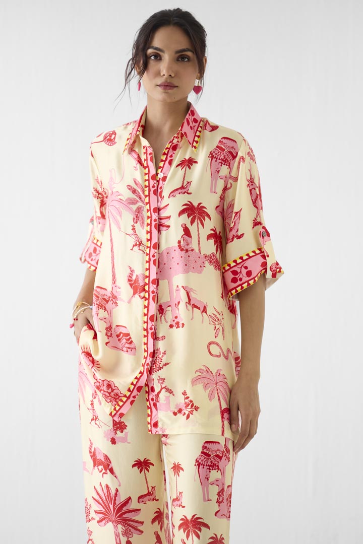 Sawai Print Vegan Silk Shirt and Trousers Co-ord Set for Women