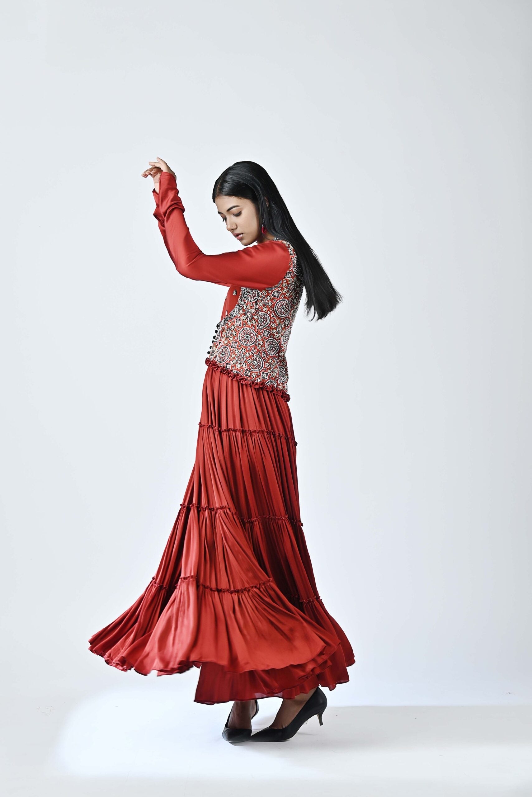 Red ajrakh embroidered tiered dress