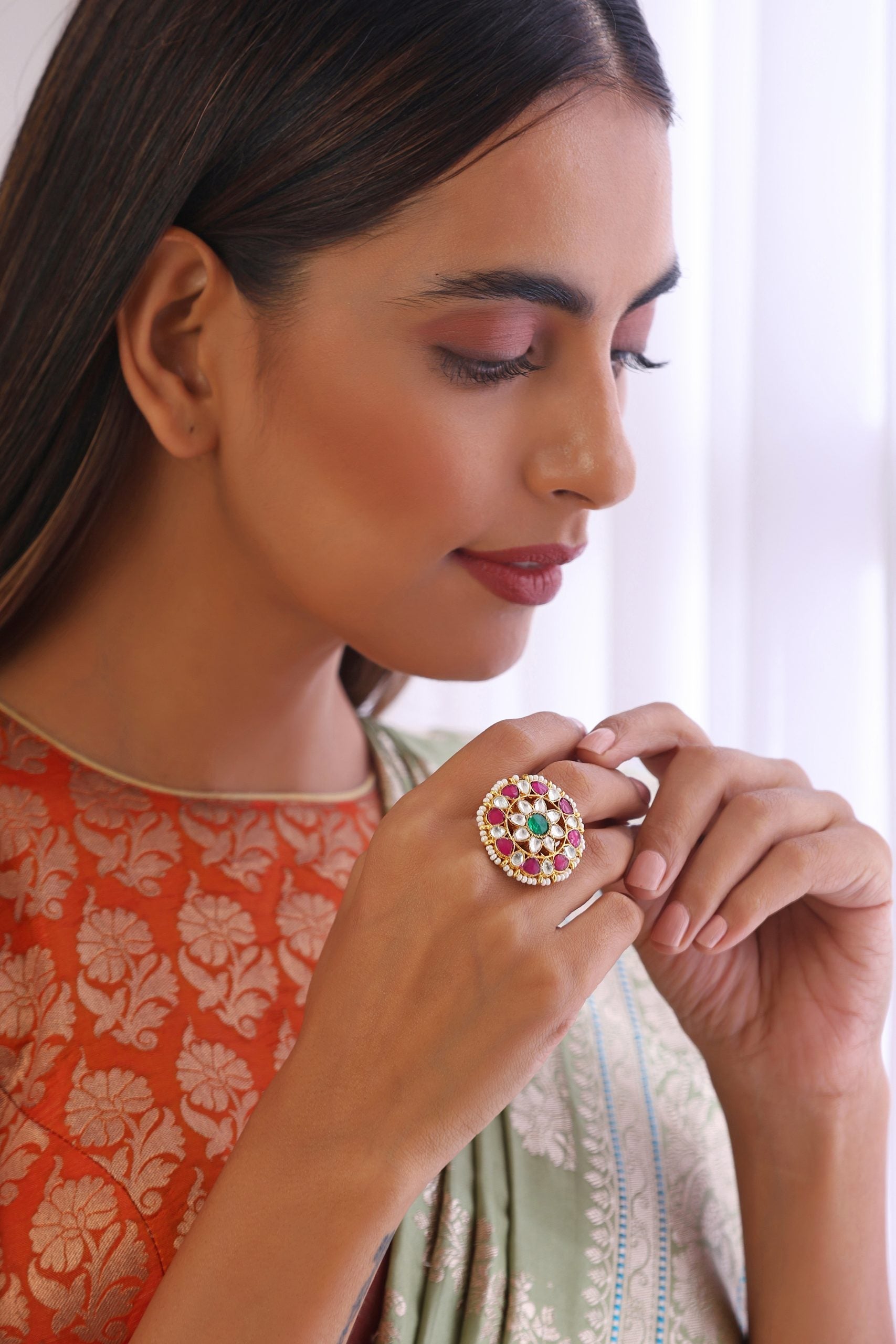 Red and Green Gold Tone Kundan Ring