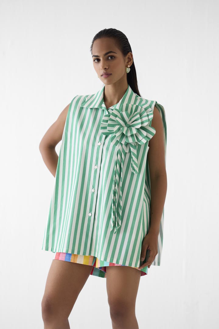 Mint Green Striped Poplin Shirt with Floral Applique - Summer Style